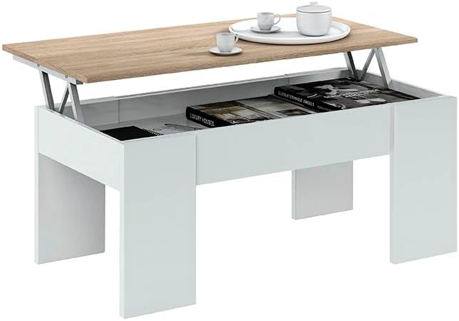 Habitdesign Mesa de Centro Elevable Modelo LC Blanco Artik y Roble Canadian 100x50 cm