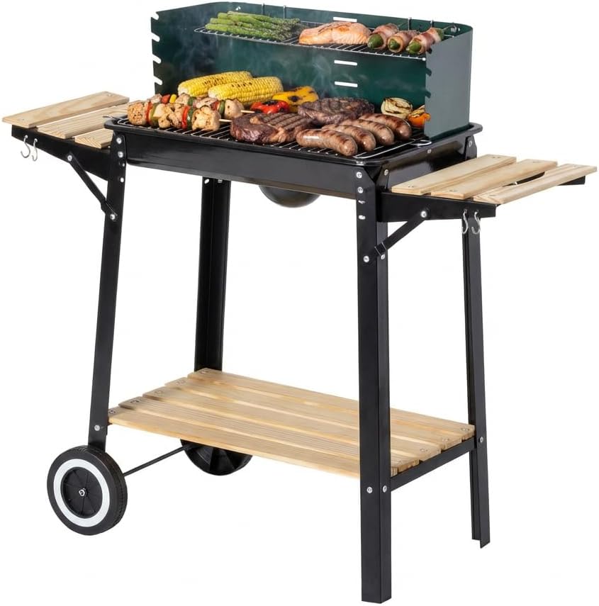 aro Barbacoa de Carbón con Ruedas Acero/Madera Verde