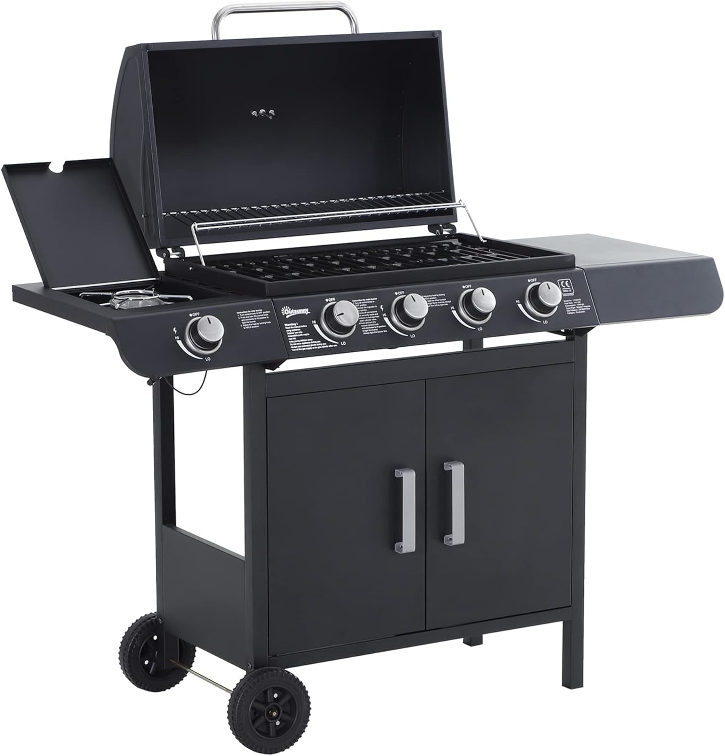 Outsunny Barbacoa Gas 4+1 Quemadores 14,4 KW Acero Inoxidable con Armario y Termómetro