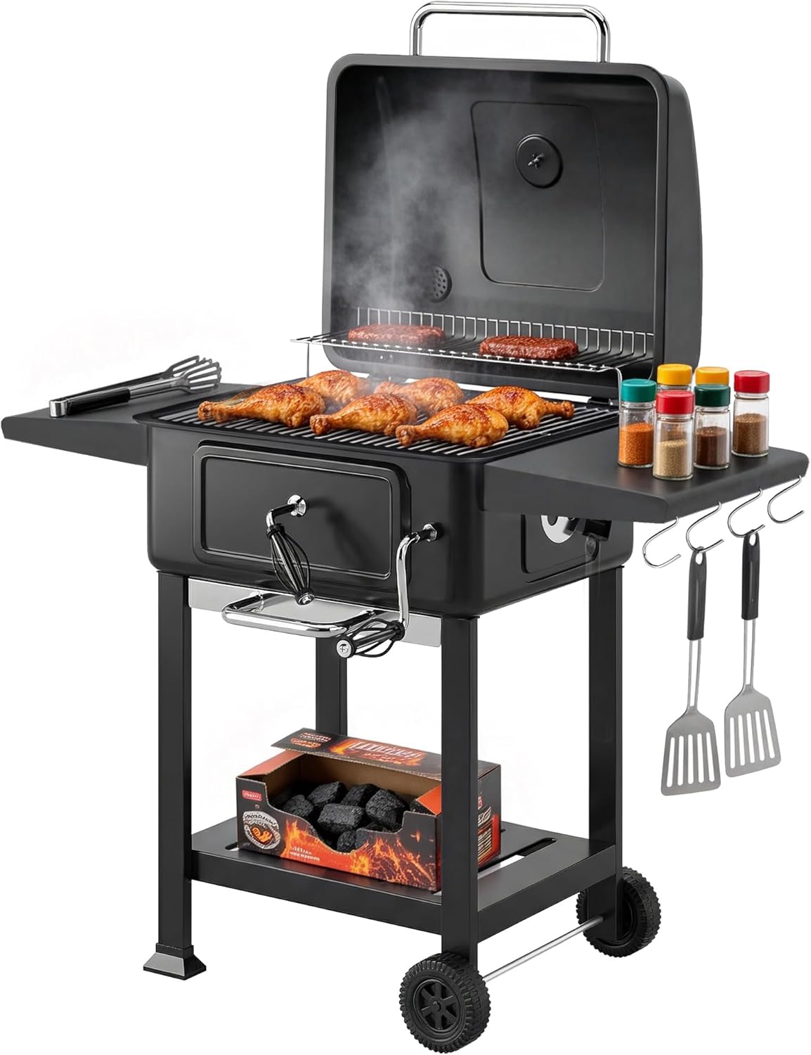Outsunny Barbacoa de Carbón Portátil con Chimenea, Termómetro y Cajón de Cenizas