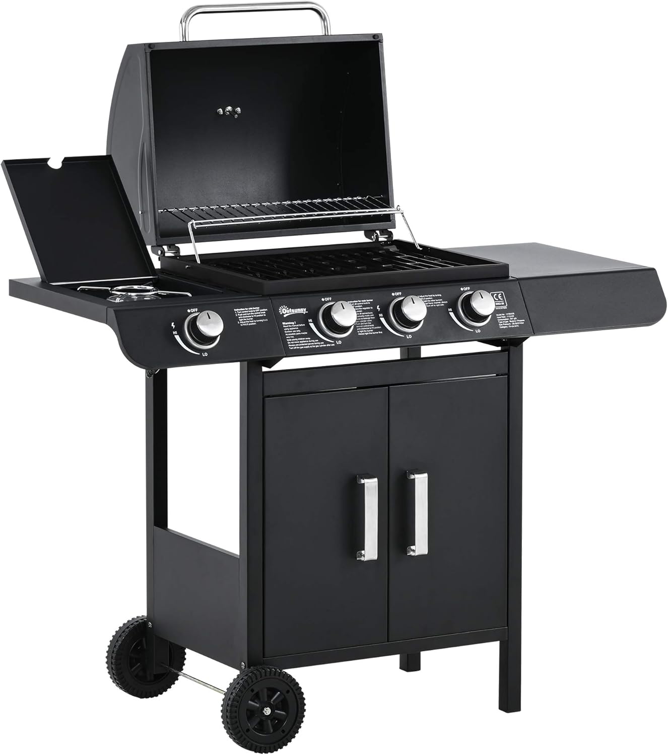 Outsunny Barbacoa de Gas BBQ 3+1 Quemadores 11,6 KW