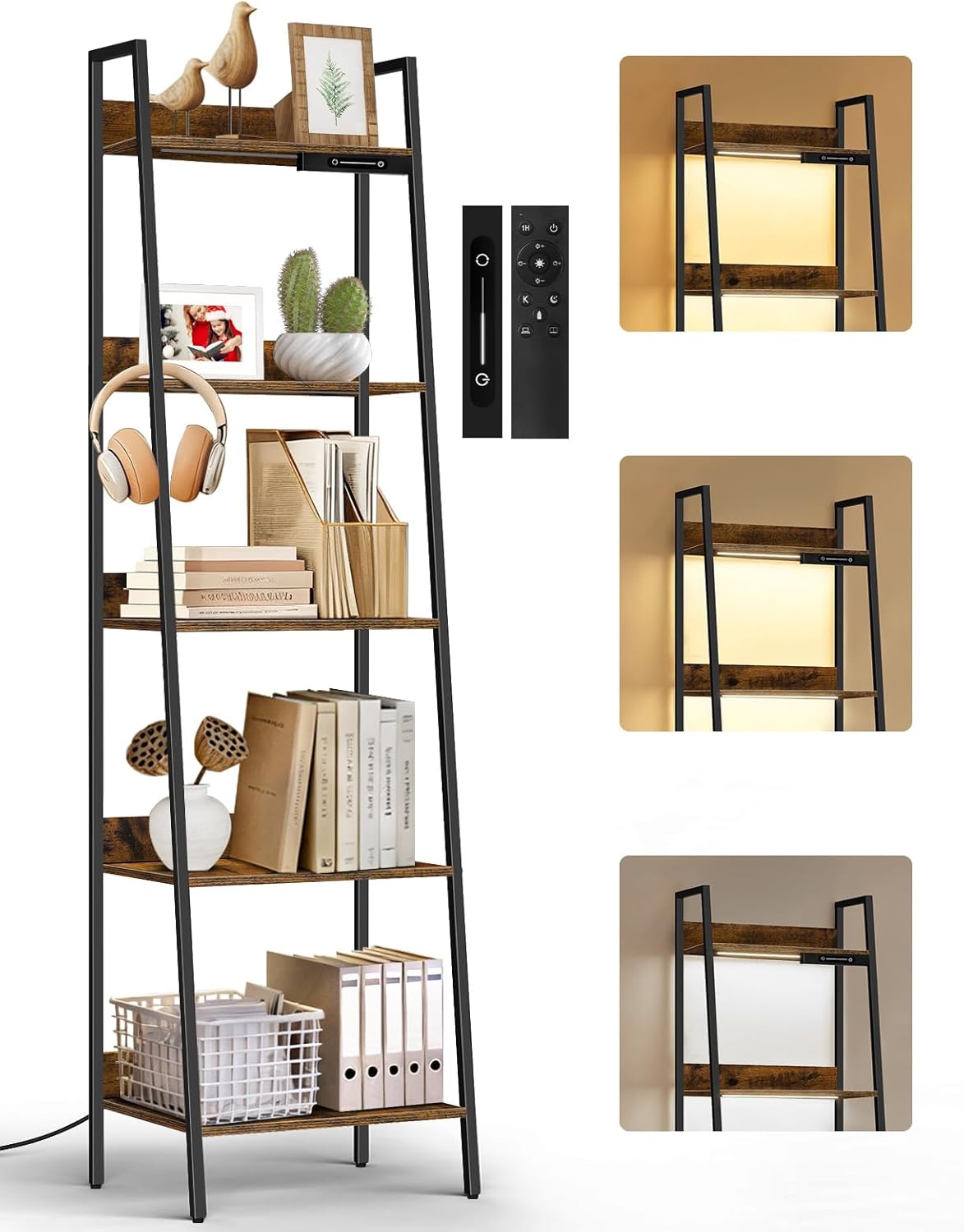 OUTONLIFE Estantería Escalera 5 Niveles con LED Táctil y Mando, 3 Temperaturas de Color, Metal y Madera